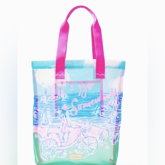 Nwot Lilly Pulitzer “Let’s Go Somewhere xx Lilly” Mesh Beach/Shopping Tote - Picture 2 of 8